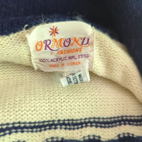 Vintage Omond Fashions Cardigan Sweater Womens Medium Blue White Fringe - Picture 5 of 7